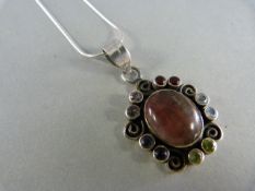 Banded Agate set in silver with small gem stones - Pendant and Chain