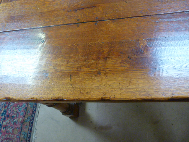 Golden oak french refectory farmhouse style table. The top formed of three panels sitting on heavy - Image 11 of 18