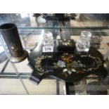 Japanese black lacquered writing set with glass ink wells (one as found) and black lacquered brush
