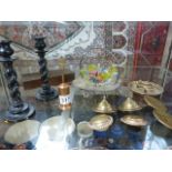 Three pairs of bridle brass badges, Brass pipe stand and a pair of Barley Twist candle holders, M