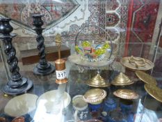 Three pairs of bridle brass badges, Brass pipe stand and a pair of Barley Twist candle holders, M