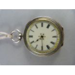 Hallmarked silver pocket watch with key attached, the enamelled dial chapter in Roman Numerals