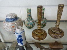 Pair of handpainted wooden bud vases, chinese ginger jar and cover along with two oriental burner