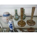 Pair of handpainted wooden bud vases, chinese ginger jar and cover along with two oriental burner