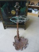 Cast iron umbrella stand in the manner of Coalbrookdale, with large single bowl tray to bottom of