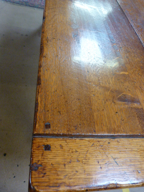 Golden oak french refectory farmhouse style table. The top formed of three panels sitting on heavy - Image 8 of 18