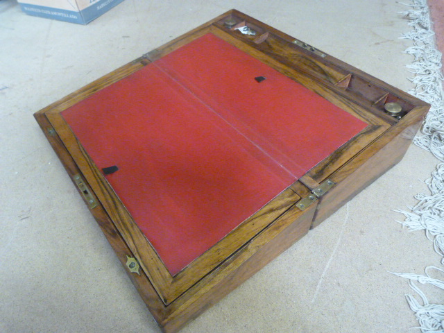 Fine example of a Walnut brass bound writing slope with red leather inlay and two matching glass - Image 4 of 6