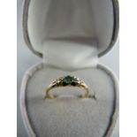 Yellow Gold (marks unreadable) Emerald and Diamond 3 stone ring. Nice Emerald approx 3.3mm x 2.2mm