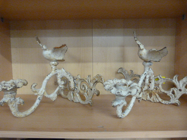 Pair of white painted cast iron wall sconces - Dove figure sat on a Nouveau style branch leading
