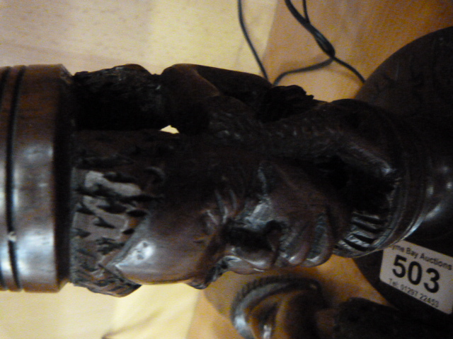 Two carved African Antelope heads, a carved African lamp base and carved African sculpture - Image 3 of 8