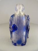 Chinese Peking glass scent bottle in clear glass overlaid with blue glass in the figure of a wise