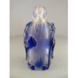 Chinese Peking glass scent bottle in clear glass overlaid with blue glass in the figure of a wise