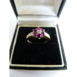 9ct Yellow Gold Ruby and Diamond cluster ring. Centre diamond approx 0.05ct surrounded by 6