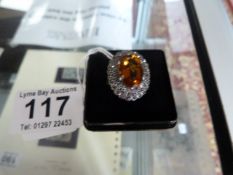 Vintage unmarked silver Paste 'Sherry' Citrine and marcasite ring UK - O USA - 7 gross weight 6g