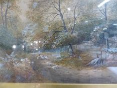 Watercolour of a shepherd and his sheep in the Woodland - signed J Wallace lower right
