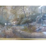 Watercolour of a shepherd and his sheep in the Woodland - signed J Wallace lower right