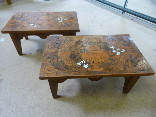 Pair of small inlaid footstools - floral decoration
