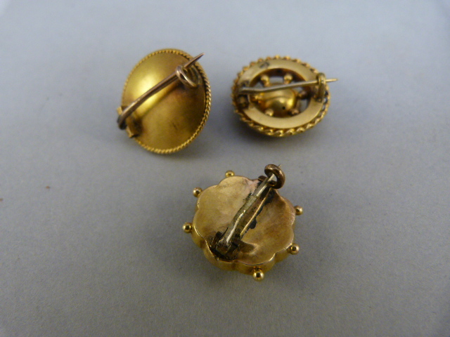 Three small victorian brooches set in yellow metal (unmarked gold?) 1 approx 17.3 diameter central - Image 2 of 4