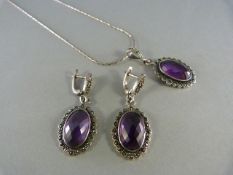 Silver marcasite and Amethyst pendant and earrings set Gross weight 22g