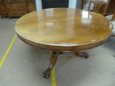 19th century Mahogany tilt top table on large claw feet, nails carved into the claw feet