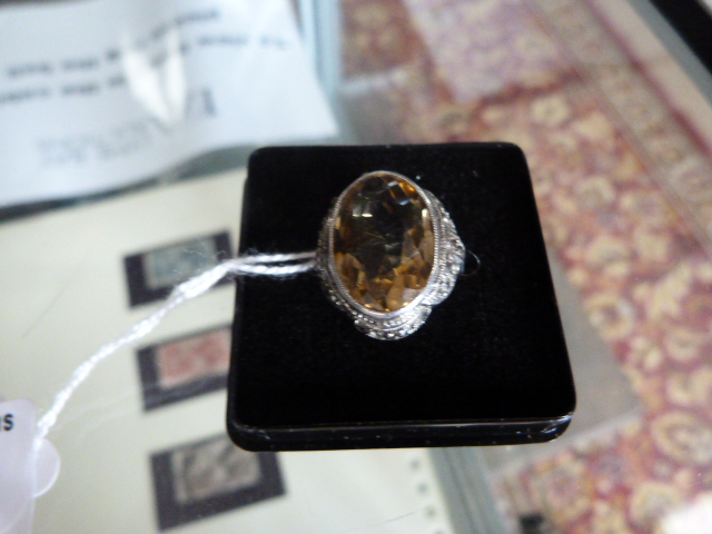 Vintage 1930's/40's sterling silver oval Lemon Citrine and marcasite ring. The natural citrine