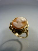 9ct Gold Cameo Ring. Left facing female head Shell Cameo. Size UK - O USA - 7 Approx weight 3.2g