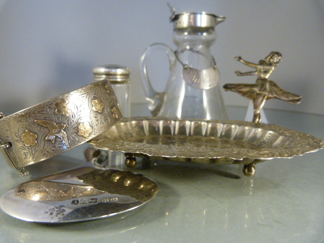 Collection of silver items to include a silver bangle, mirror, brooch and silver topped glass - Image 2 of 4