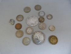 Quantity of coins to include a sixpence and a hallmarked silver locket etc