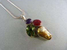 Silver 925 21g Pendant and Chain. Contemporary design set with Glass pebbles in approx 12mm x9.5mm