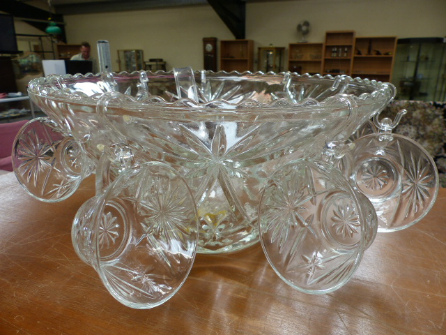 A Moulded Glass punch bowl with serving spoon and cups - Image 3 of 4