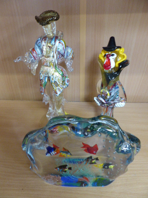 Murano glass fish ornament, Murano Glass clown and a French glass Murano style figure of a soldier