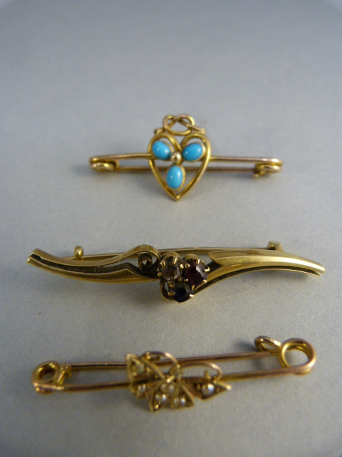 Three Gold bar brooches: 1 x 9ct (1931 Chester Hallmark) butterfly brooch set with Seed Pearls, - Image 3 of 3