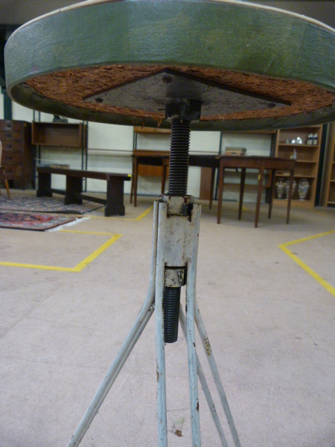 Factory metal mid century stool on tripod base and with a green leather seat - Image 2 of 2