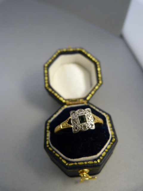 18ct Gold Art Deco style ring with Square Emerald and diamond surround