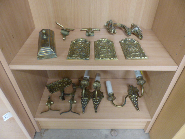 Selection of brass items to include four door plates, four picture hooks a door stop and five