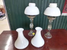 Pair of Art Deco style clear glass lamps stands with white glass shades (approx. 47cm H)