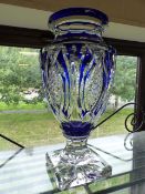 Large Blue and white glass vase signed (etched to base) by Val-Saint Lambert on square plinth,