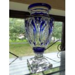 Large Blue and white glass vase signed (etched to base) by Val-Saint Lambert on square plinth,