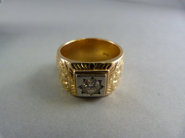 Heavy 18ct Yellow Gold Gents Diamond Ring. The hand carved shank is approx 13mm at its narrowest - Image 3 of 5