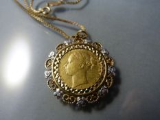 A Victorian 1879 gold sovereign in gold mount and on 9ct gold box chain. Total weight approx. 16.4