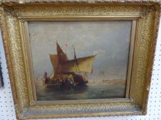 R Pembery oil on board of a Maritime scene with open wooden boats on calm water in a Gilt frame