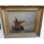 R Pembery oil on board of a Maritime scene with open wooden boats on calm water in a Gilt frame