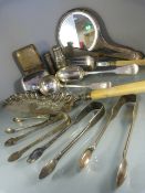 Two hallmarked silver sugar tongs, Silver handled shoe horn and various other pieces