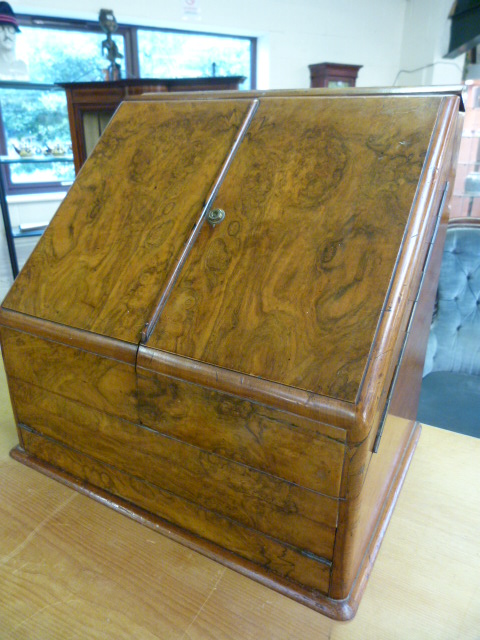19th Century Burr Walnut stationary box with perpetual calender to top and hidden writing slope to - Image 2 of 7