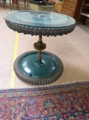 Occasional table constructed from two vintage Allen Oxford Scythe wheels