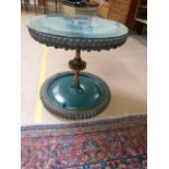 Occasional table constructed from two vintage Allen Oxford Scythe wheels