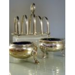 Silver toast rack by E J Houlston weight Approx. 88.5g and a pair of unmatched salts with blue glass