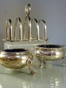 Silver toast rack by E J Houlston weight Approx. 88.5g and a pair of unmatched salts with blue glass