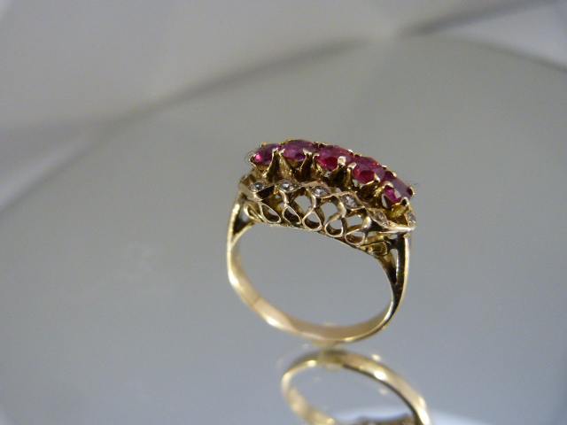 14k Ruby and CZ Ring - Five ruby stones surrounded by small CZ stones UK - N1/2 USA - 6.75 Approx - Image 2 of 2