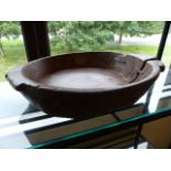 Large antique oak mixing bowl with previous restoration of Large metal staples